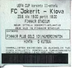 білет Йокеріт/FC Jokerit Finland/Фінл.-ЦСКА Київ/CSCA Kyiv Ukr 2001 match ticket
