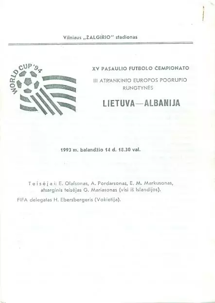 прог. зб. Литва-Албанія 1993a відбір ЧС-1994 / Lithuania-Albania match programme