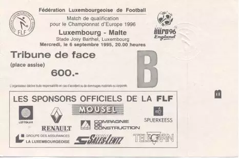 білет зб. Люксембург-Мальта 1995a відбір ЧЄ-1996 / Luxembourg-Malta match ticket