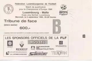 білет зб. Люксембург-Мальта 1995a відбір ЧЄ-1996 / Luxembourg-Malta match ticket