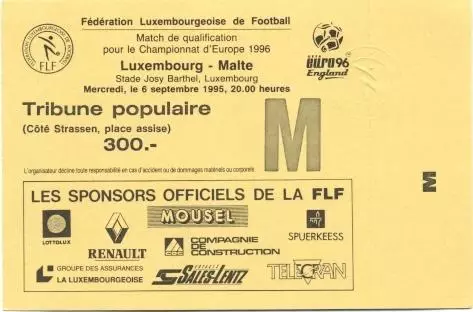 білет зб. Люксембург-Мальта 1995b відбір ЧЄ-1996 / Luxembourg-Malta match ticket