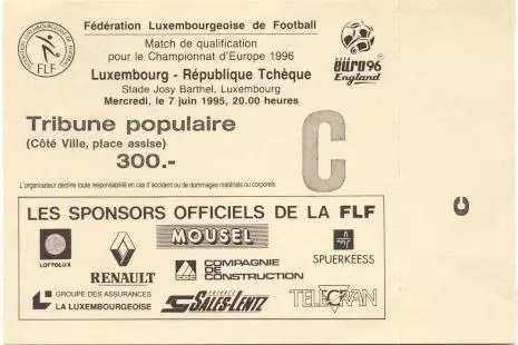 білет зб. Люксембург-Чехія 1995a відбір ЧЄ-1996 /Luxembourg-Czechia match ticket