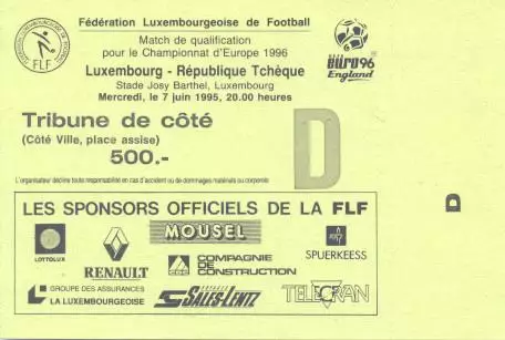 білет зб. Люксембург-Чехія 1995c відбір ЧЄ-1996 /Luxembourg-Czechia match ticket
