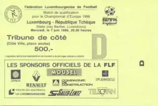 білет зб. Люксембург-Чехія 1995c відбір ЧЄ-1996 /Luxembourg-Czechia match ticket