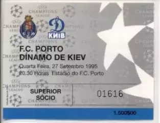 білет Порту/FC Porto Portugal-Динамо Київ/Dynamo Kyiv 1995c match plastic ticket