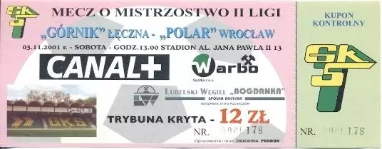білет Польща Polska Mistrzostwo Gor.Leczna-Polar Wroclaw 2001 bilet match ticket