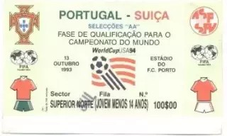 білет зб.Португал-Швейцарія 1993 відб.ЧС-1994 /Portugal-Switzerland match ticket