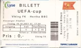 білет Viking Stavanger Norway/Норвег-Hertha BSC Germany/Німеч. 2001 match ticket