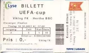 білет Viking Stavanger Norway/Норвег-Hertha BSC Germany/Німеч. 2001 match ticket