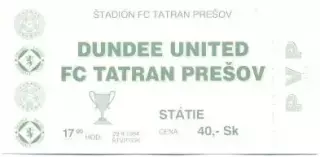 білет Tatran Presov Slovak/Словач.-Dundee United Scotland/Шотл.1994 match ticket