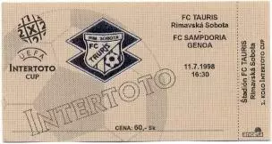 білет Tauris Rimavska Slovakia/Словач.-UC Sampdoria Italy/Італ.1998 match ticket