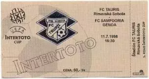 білет Tauris Rimavska Slovakia/Словач.-UC Sampdoria Italy/Італ.1998 match ticket