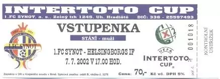білет Синот/FC Synot Czech/Чехія-Helsingborgs IF Sweden/Швеція 2002 match ticket