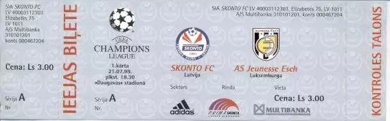 білет Сконто/Skonto Latvia/Латвія-Женесс/Jeunesse Luxemb/Люкс.1999a match ticket