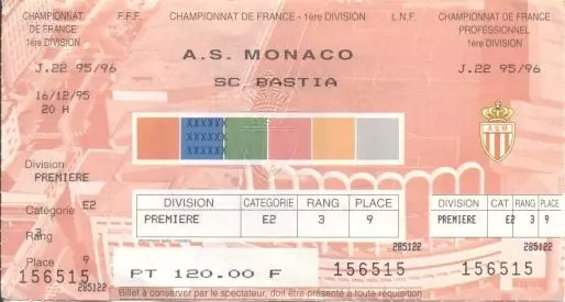 білет Франція Championnat de France AS Monaco-SC Bastia 1995 billet match ticket