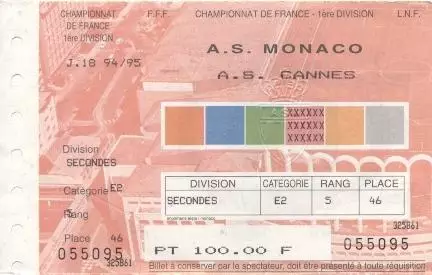 білет Франція Championnat France AS Monaco-AS Cannes 1994-95 billet match ticket