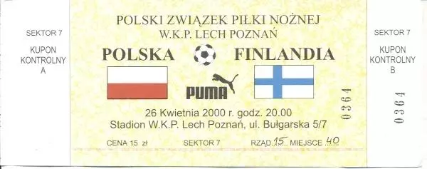 білет зб.Польща-Фінляндія 2000 МТМ/Poland-Finland friendly football match ticket