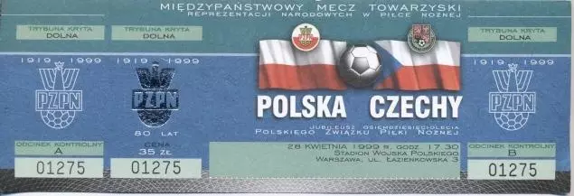 білет зб. Польща-Чехія 1999 МТМ / Poland-Czechia friendly football match ticket