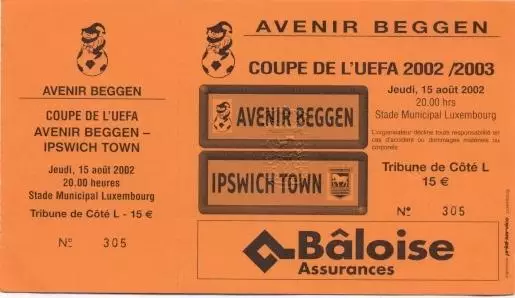 білет Avenir Luxembourg/Люксемб-Ipswich Town FC England/Англія 2002 match ticket