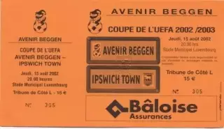 білет Avenir Luxembourg/Люксемб-Ipswich Town FC England/Англія 2002 match ticket