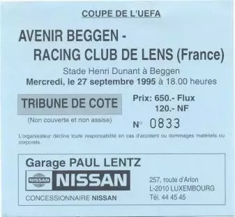 білет Avenir Luxembourg/Люксембург-Racing Lens France/Франція 1995a match ticket