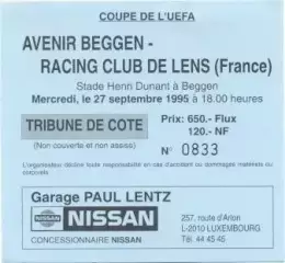 білет Avenir Luxembourg/Люксембург-Racing Lens France/Франція 1995a match ticket