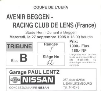 білет Avenir Luxembourg/Люксембург-Racing Lens France/Франція 1995b match ticket