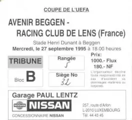 білет Avenir Luxembourg/Люксембург-Racing Lens France/Франція 1995b match ticket