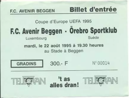 білет FC Avenir Luxembourg/Люксембург-Orebro SK Sweden/Швеція 1995a match ticket