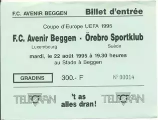 білет FC Avenir Luxembourg/Люксембург-Orebro SK Sweden/Швеція 1995a match ticket