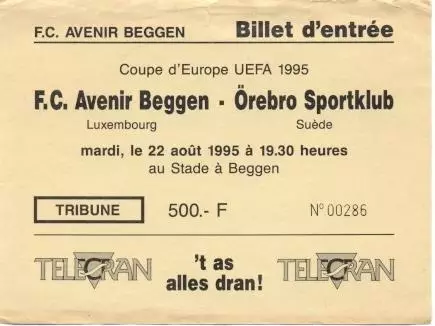 білет FC Avenir Luxembourg/Люксембург-Orebro SK Sweden/Швеція 1995b match ticket