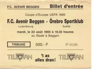 білет FC Avenir Luxembourg/Люксембург-Orebro SK Sweden/Швеція 1995b match ticket