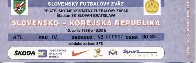білет зб. Словаччина-Корея 1998 МТМ / Slovakia-South Korea friendly match ticket