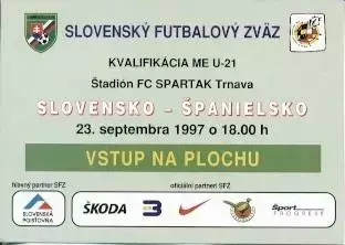 білет зб.Словаччина-Іспанія 1997b молодіж./Slovakia-Spain U21 match press ticket
