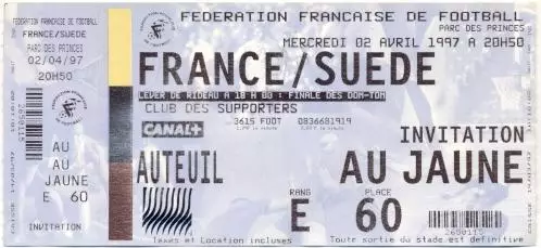 білет зб. Франція-Швеція 1997 МТМ / France-Sweden friendly football match ticket