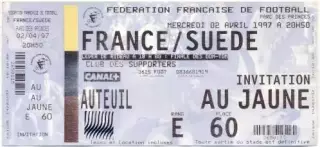 білет зб. Франція-Швеція 1997 МТМ / France-Sweden friendly football match ticket