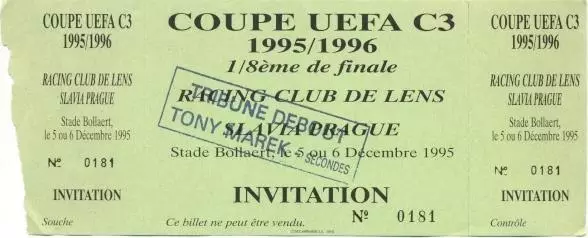 білет Ланс/RC Lens France/Франц.-Славія/Slavia Praha Czech/Чех.1995 match ticket