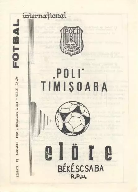 прог.Poli Timisoara Romania/Румун-Bekescsaba Hungary/Угорщина 1983 match program