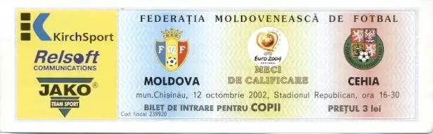 білет зб. Молдова-Чехія 2002 відбір ЧЄ-2004 /Moldova-Czech football match ticket