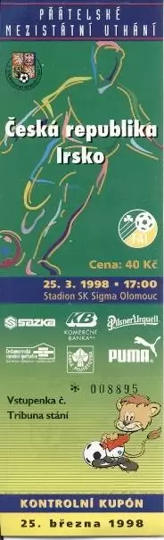 білет зб. Чехія-Ірландія 1998 МТМ/Czech Republic-R.Ireland friendly match ticket