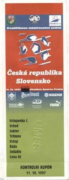 білет зб.Чехія-Словаччина 1997a відбір ЧС-1998 /Czech Rep.-Slovakia match ticket