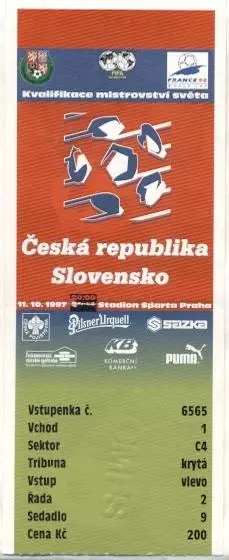 білет зб.Чехія-Словаччина 1997b відбір ЧС-1998 /Czech Rep.-Slovakia match ticket