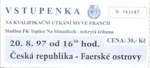 білет зб.Чехія-Фарери 1997відб.ЧС-1998/Czech Republic-Faroe Islands match ticket