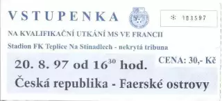 білет зб.Чехія-Фарери 1997відб.ЧС-1998/Czech Republic-Faroe Islands match ticket