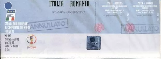 білет зб.Італія-Румунія 2000 відбір ЧС-2002 /Italy-Romania football match ticket