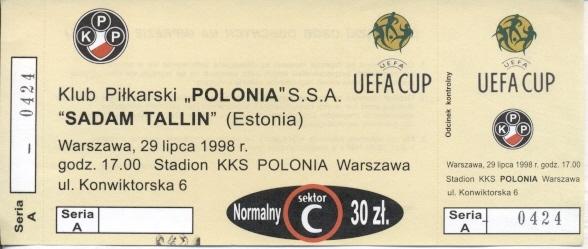 билет Polonia Warszawa,Poland/Польша- Sadam T.,Estonia/Эстония 1998 match ticket