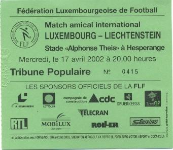 билет Люксембург-Лихтен.2002 МТМ /Luxembourg-Liechtenstein friendly match ticket