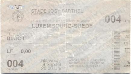 билет Люксембург-Швеция 1999 отб.ЧЕ-2000 /Luxembourg-Sweden match stadium ticket