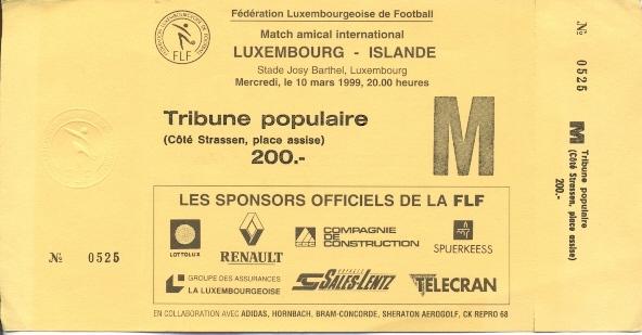 билет Люксембург- Исландия 1999 МТМ / Luxembourg- Iceland friendly match ticket