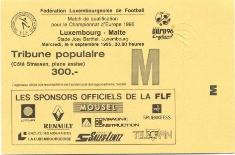 билет Люксембург-Мальта 1995 отб.ЧЕ-1996 / Luxembourg-Malta match stadium ticket